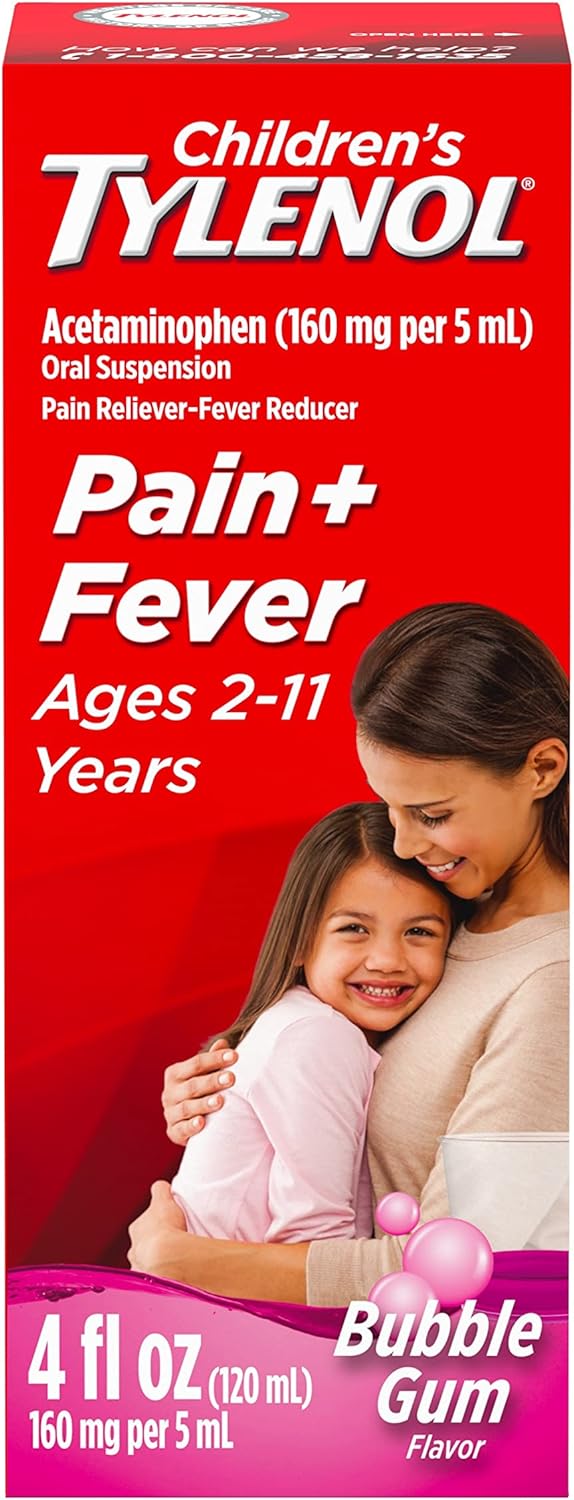 Children's Tylenol Oral Suspension Medicine, Kids' Liquid medicine Pain Reliever & Fever Reducer for Cold + Flu Symptoms, Aspirin-, Ibuprofen- & Alcohol- Free, Bubble Gum, 4 fl. oz