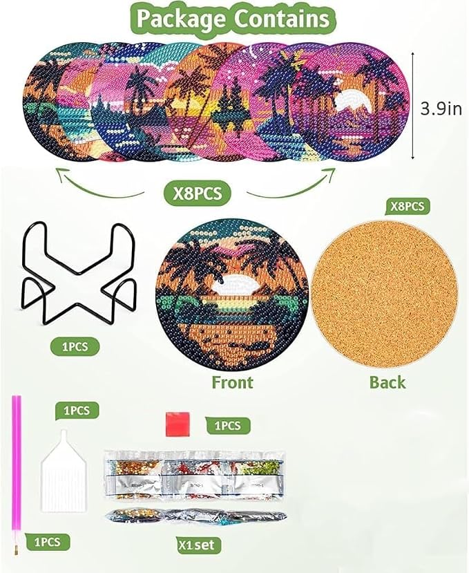 Clendo 8Pcs Diamond Painting Coasters Kits, DIY Landscape Diamond Art Coaster