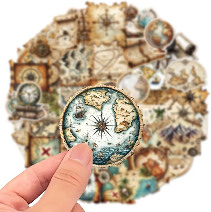 PRSTINCOL 100Pcs Vintage Sticker Pack, Cute Map Design Scrapbook Supplies