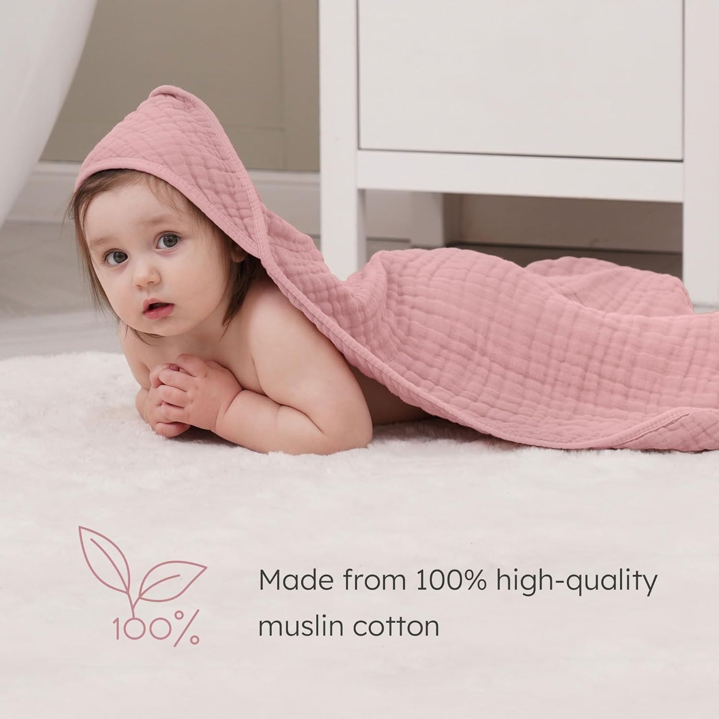 Looxii Baby Bath Towels 2 Pack Muslin Hooded Baby Towels for Newborn and Infants, 100% Cotton, Large 32x32Inch, Soft and Absorbent Pink+Flowers