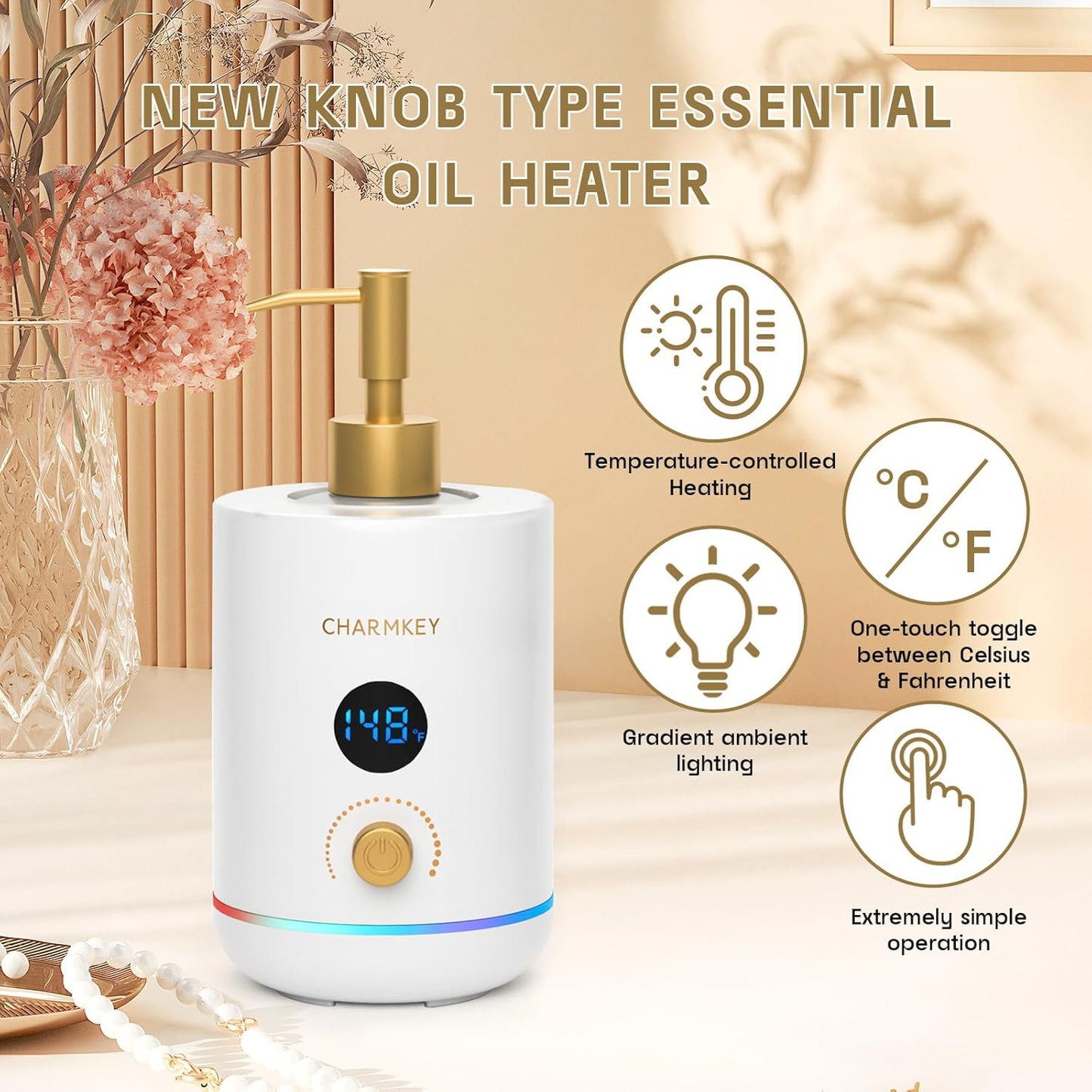 CHARMKEY Massage Oil Warmer White, 2 Oil Bottle Dispensers & 2 Silicone Funnels, Digital Heater for SPA, Oil Lotion Cream for Salon, Barber Shops, Home