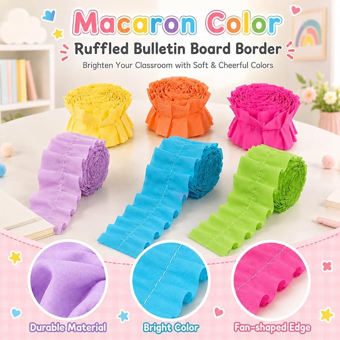 6 Rolls 40 Ft Ruffled Bulletin Board Borders Back to School Classroom Decor