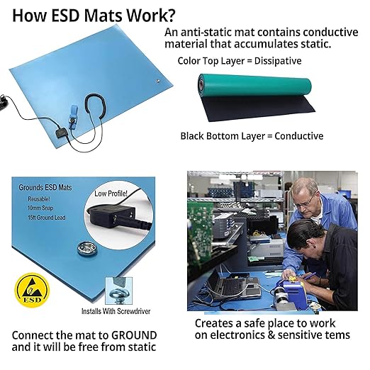 RubberStat Dual Layer ESD Compliant Workstation Rubber Table Mat Kit, Soldering, Cell Phone Repair, with Wrist Strap Set and Ground Cord - 36"x36" Grey