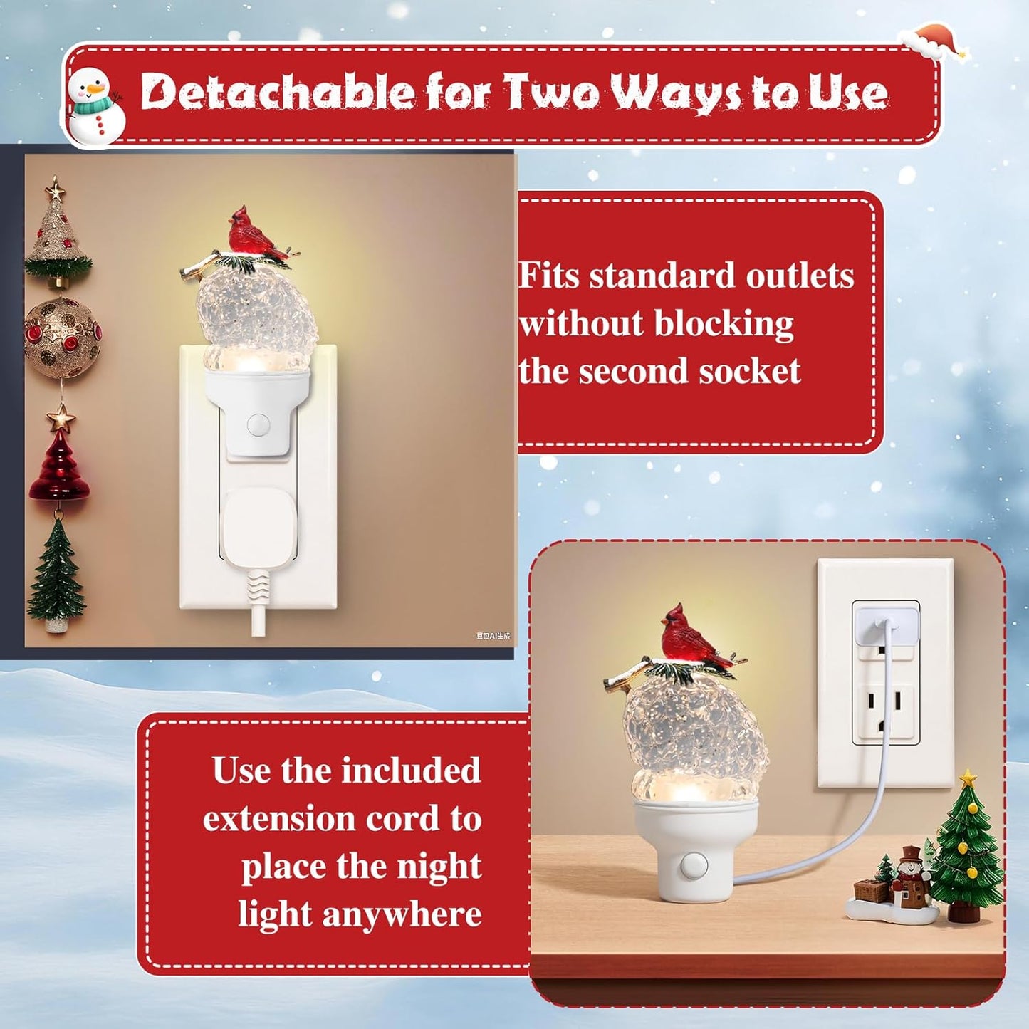 2 Pack Christmas Night Light Plug into Wall Glitter Water Nightlight with USB/Outlet Options, Christmas Cardinal and Pinecone Decorative Nightlight for Holiday Decorations (Cardinal and Pinecone)