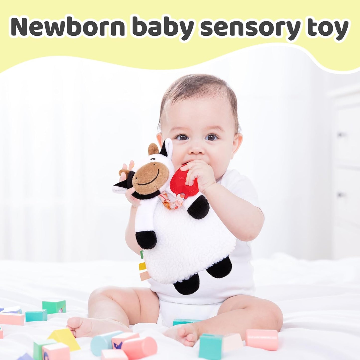 Pro Goleem Cow Loveys for Babies Girl and Boy, Baby Lovey with Teether, Baby Toys 0 3 6 9 12 Months, Safety Teething Toys for Babies Infant Newborn and Toddler Baby Gifts