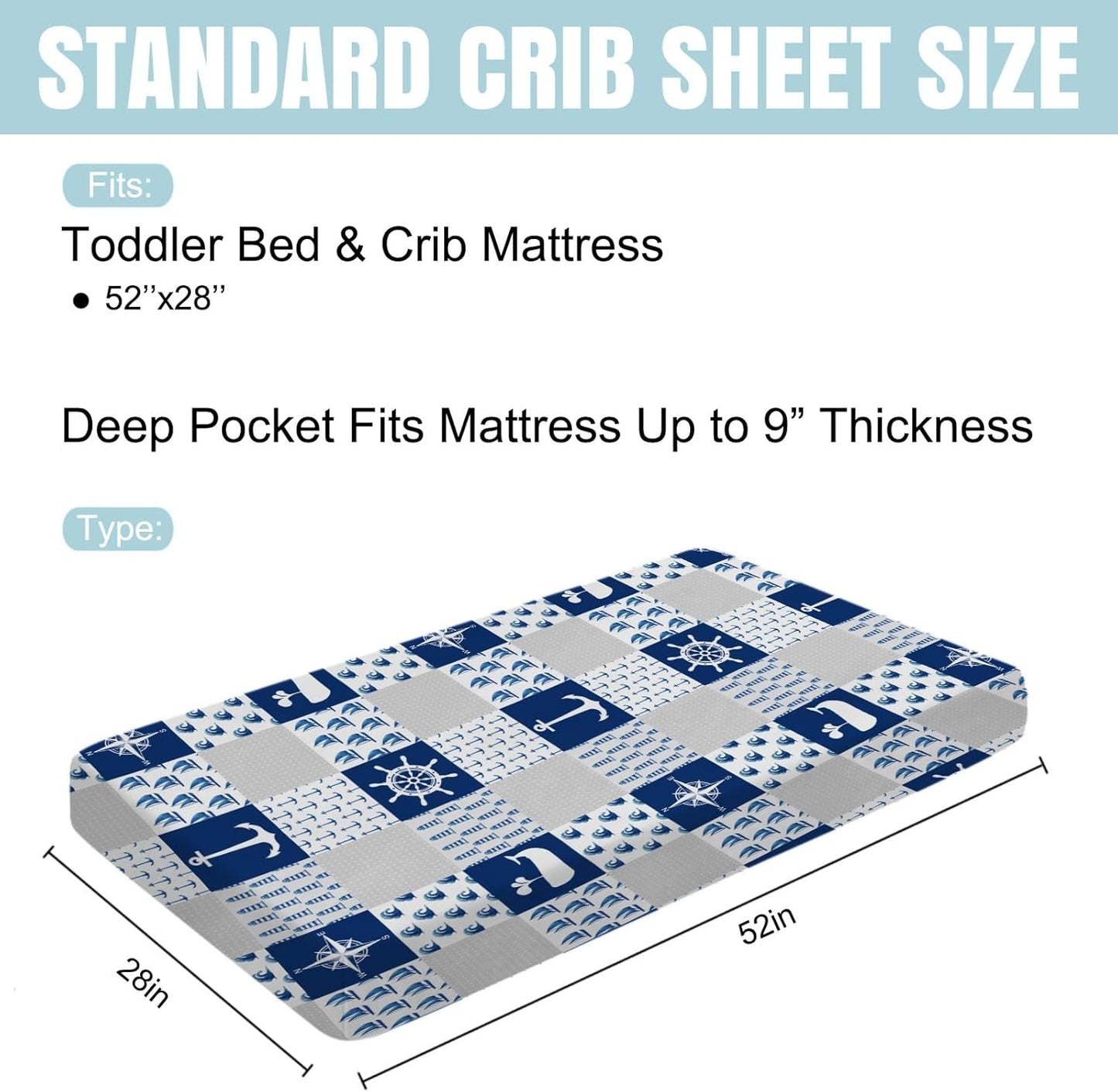 Navy Nautical Life Baby Crib Fitted Sheet 52''x28'' Sea Marine Lighthouse Compass Whale Fitted Crib Mattress Sheet for Boy Girl Nursery Bed Sheets for Standard Crib and Toddler Mattress