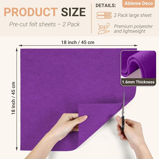 Purple Felt Fabric Sheets 18" x 18" 1.6mm Soft Craft Felt Squares | Soft Precut