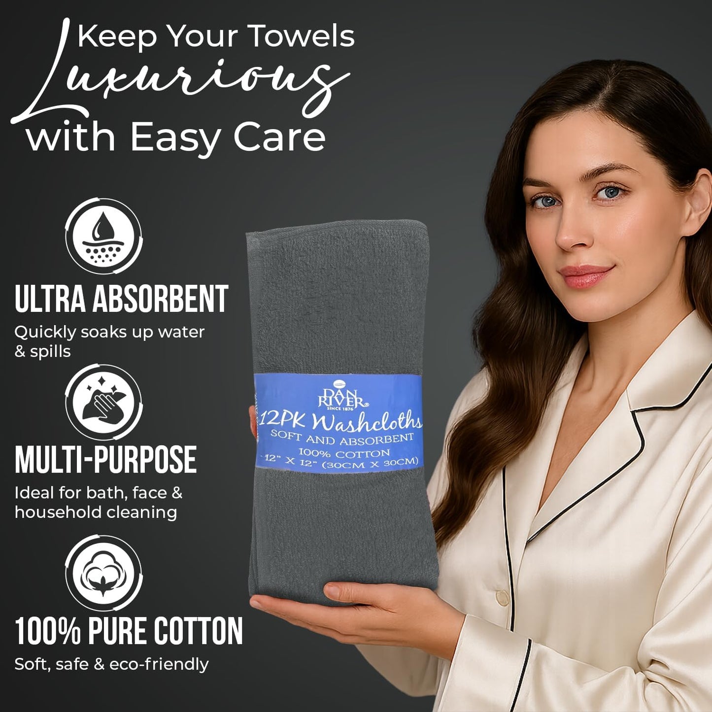DAN RIVER 100% Cotton Wash Cloths 12 Pack [12x12] Soft & Absorbent face Towels for Bathroom, Gym, Hotels & Spa Perfect for Everyday Use Fingertip Towels, Gray