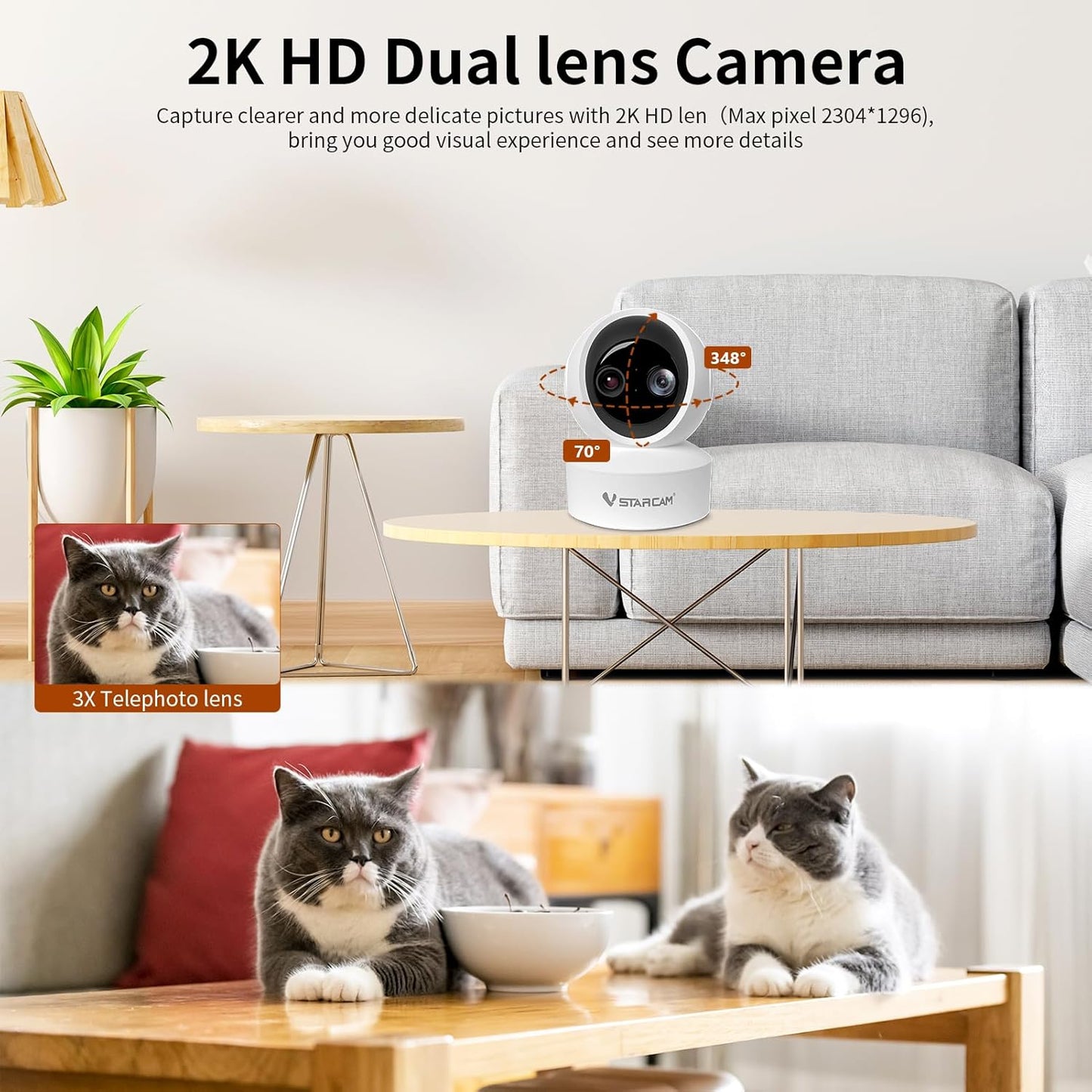 VSTARCAM Indoor Security Camera,2K HD 360° PTZ Dog Pet Camera with Phone APP, Night Vision, 2-Way Audio, Hybrid Zoom, 2.4G WiFi Dual Monitor, 7/24 Recording, Cloud/SD Card Storage (CS49D)