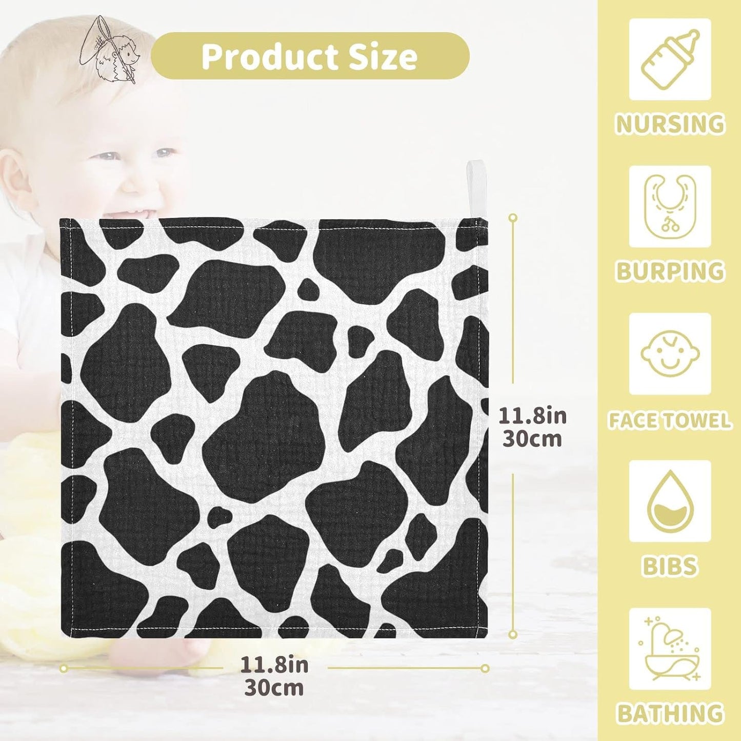 Black White Cow Print Baby Muslin Washcloths Cow Skin Burp Cloths Soft Absorbent Baby Wash Cloth Fingertip Face Towels for Newborn Boys Girls 12 x 12 in, 5 Pack