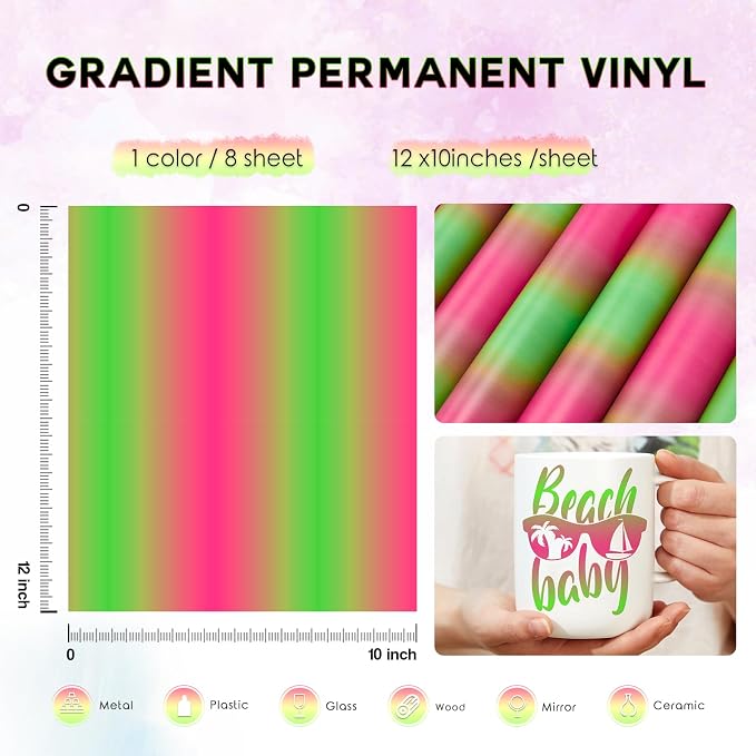 Tintnut Gradient Permanent Vinyl 8 Pcs12x10in Green Pink Adhesive Vinyl |