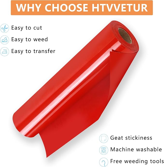 HTVVETUR Red HTV Iron on Vinyl 12Inch by 35ft Heat Transfer Vinyl