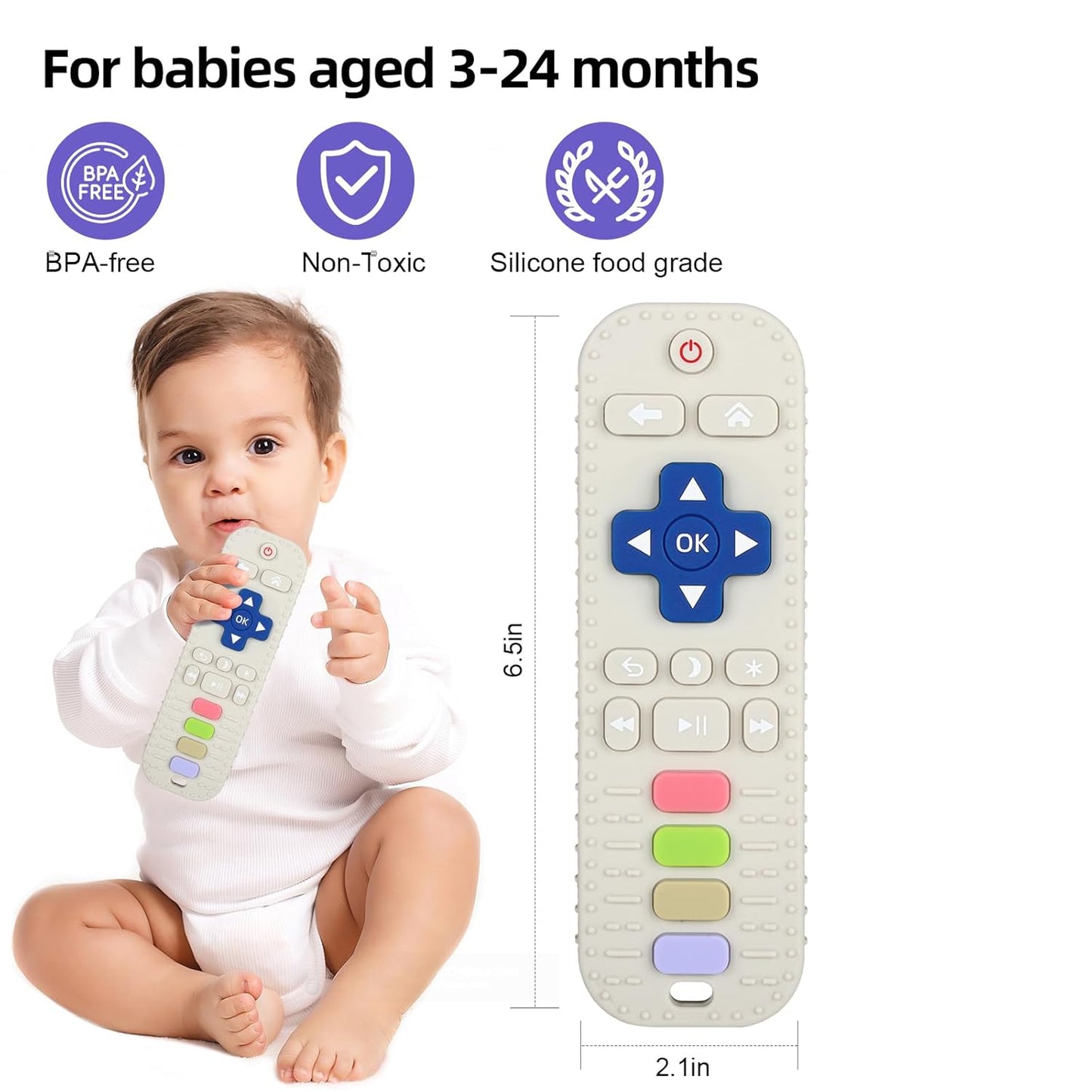 Chuya Silicone Baby Teether Toy TV Remote Control Shape Chew Toy for Babies 3+ Months, Teething Relief Baby Toys for Infants (White)