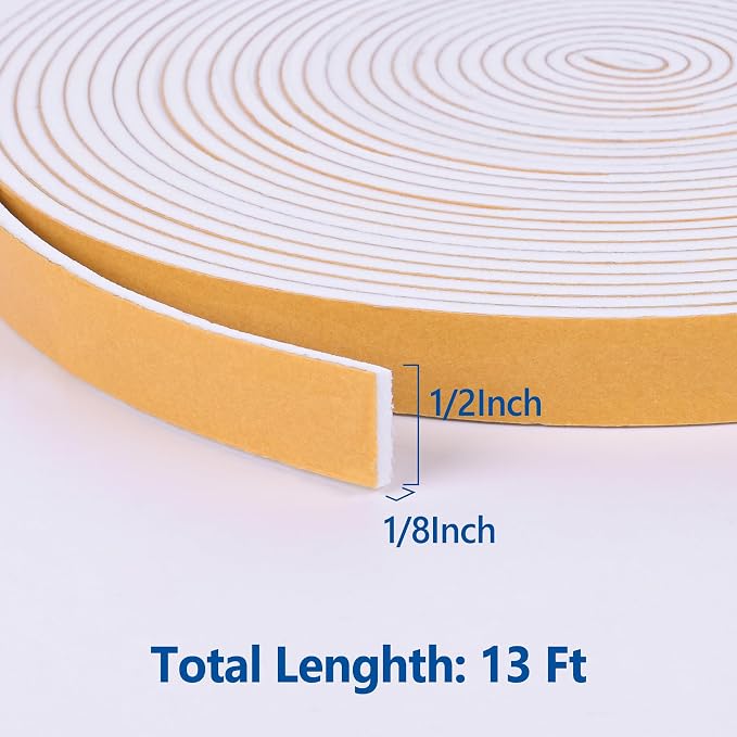 Kikerike Self Adhesive Foam Tape Weatherstrip 1/2in x 1/8in x 13Ft High Density