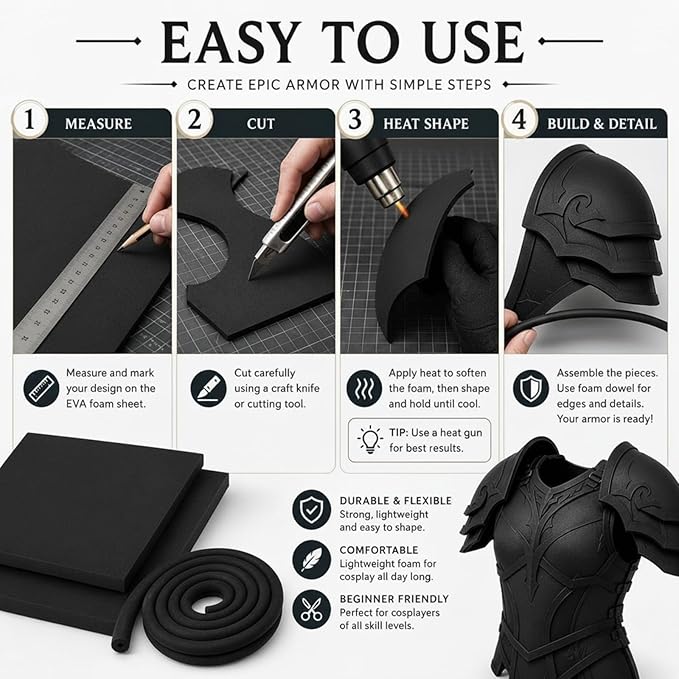 3-Piece EVA Cosplay Foam Kit, Includes 2 Black EVA Foam Sheets and 15mm x 2m