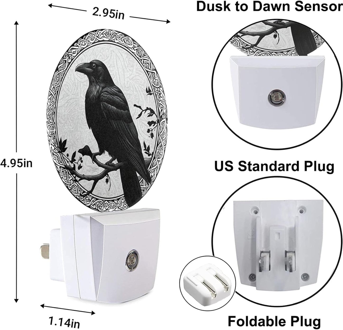 Black Crow on Oak Tree Branch Night Lights Plug into Wall Halloween Night Light Dusk to Dawn Sensor for Bedroom Living Room, LED Lighting 0.5W Sleep Friendly
