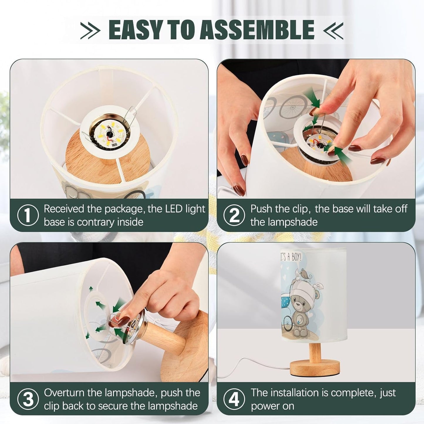 Table Lamp Bear with Blue Baby Carriage Heart Quote It's A Boy Nightstand Lamp with Wood Base Fabric Lamp Shade Bedside Desk Lamp for Living Room Bedroom Kids Room Office