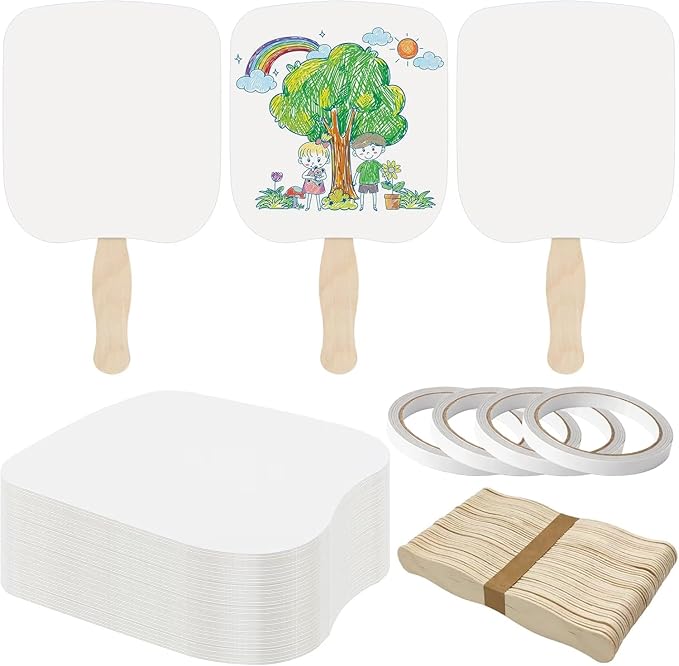 LOTMER 150 Pcs Church Fans Handheld Set, 100 Blank Cardstock Paper Fans