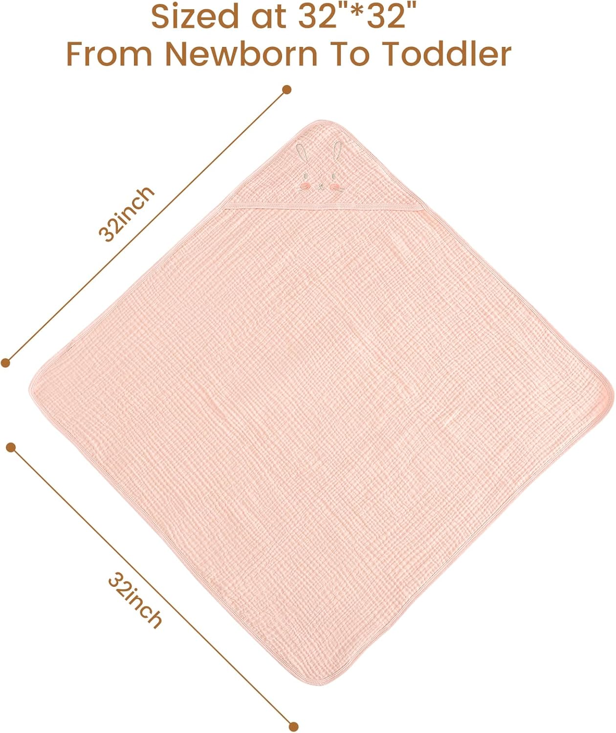 david's kids 2 Pack Hooded Baby Towels, Large 32"x32", 6 Layer 100% Muslin Cotton Absorbent Girl Bath Towel for Newborn, Infant and Toddler. Soft and Breathable Baby Essentials, Pink Floral&Rose