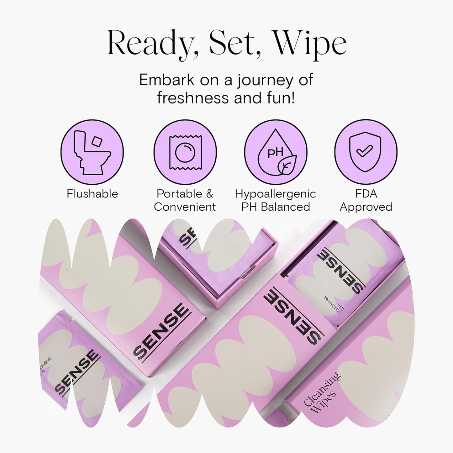 Sense Cleansing Wipes (12 Pack) Individually Wrapped pH Balance Wipes for Women - Made in the USA, Flushable Wipe, On-The-Go Before and After Freshness Intimate Wipe
