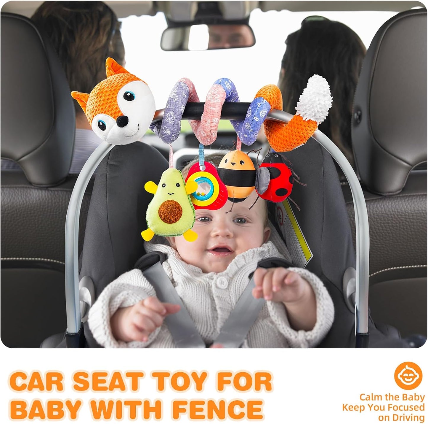 Jollybaby Crib Stroller Car Seat Toys for Baby 0-3-6-9-12 Months, Tummy Time Hanging Sensory Toys for Newborn with Music Box and Teether, Spiral Carseat Toy for Infant Boys Girls Gift (03-Orange Fox)