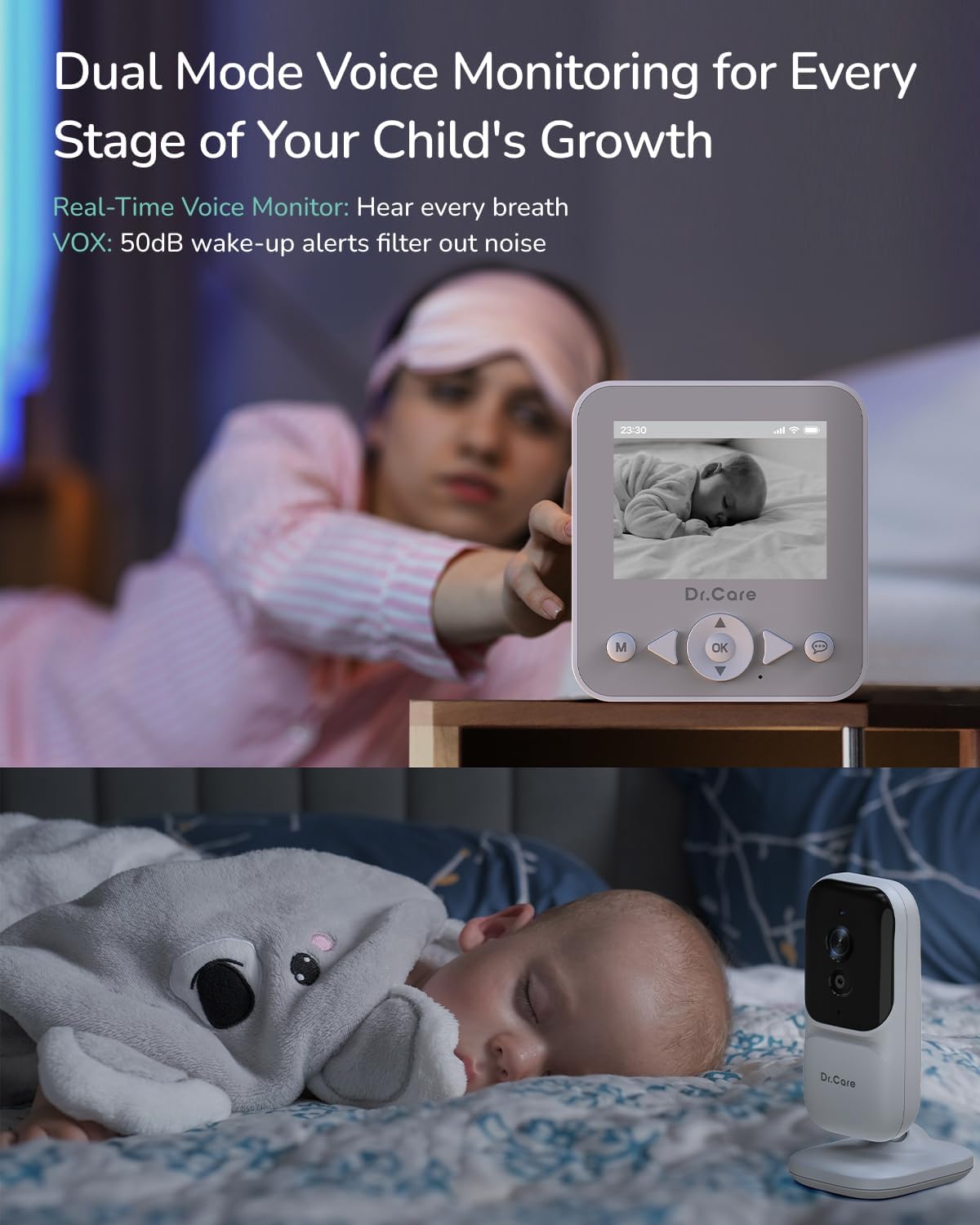 Dr.Care NeoView Baby Monitor No WiFi with Belt Clip Design - 2.8” Screen, 2-Way Audio, Video Loop Recording, Night Vision, Real-Time/VOX Monitoring, Temperature Sensor, Lullabies