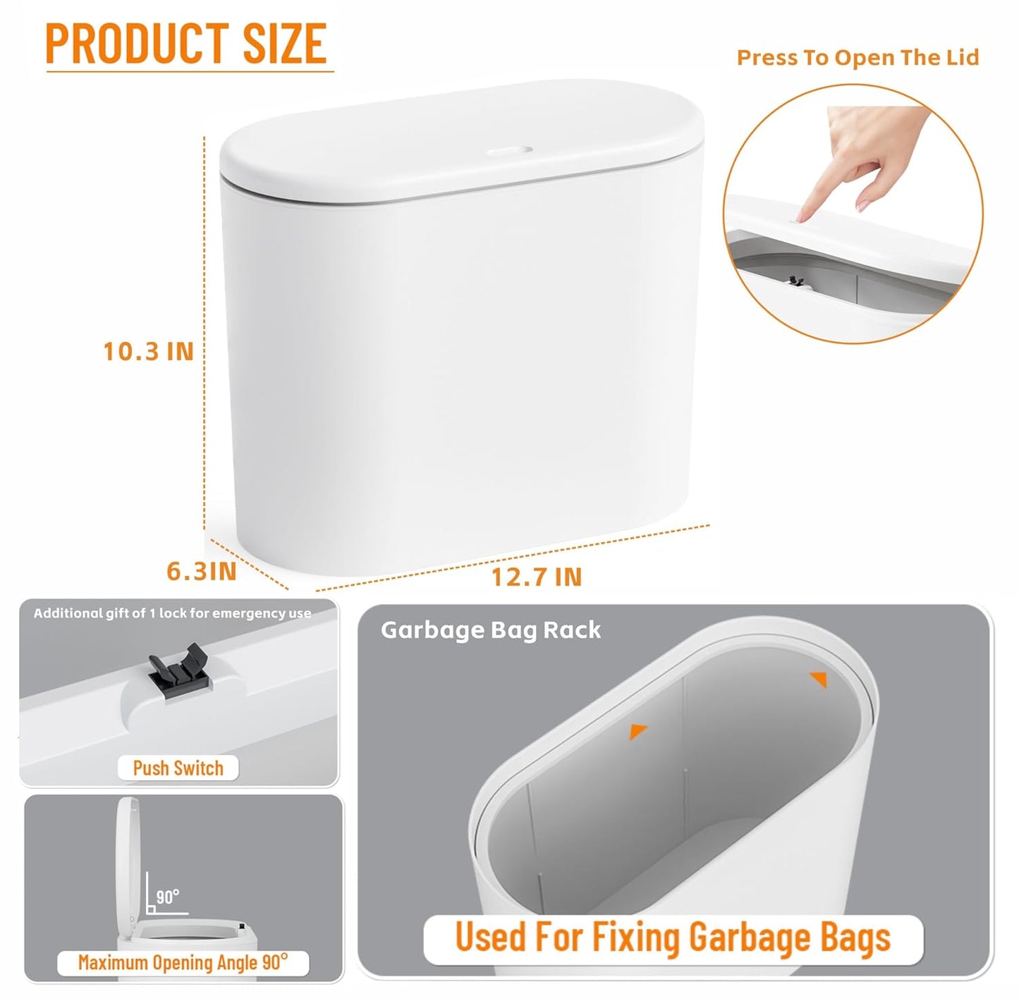 Yieach White 12L Pet/Dog Proof Bathroom Trash Can with Lid,3.17 Gallon Slim Trashcan and Skinny Small Covered Trash Can for Kitchen,Office,RV,Bedroom and Dorm,Plastic Covered Wastebasket,Garbage Can