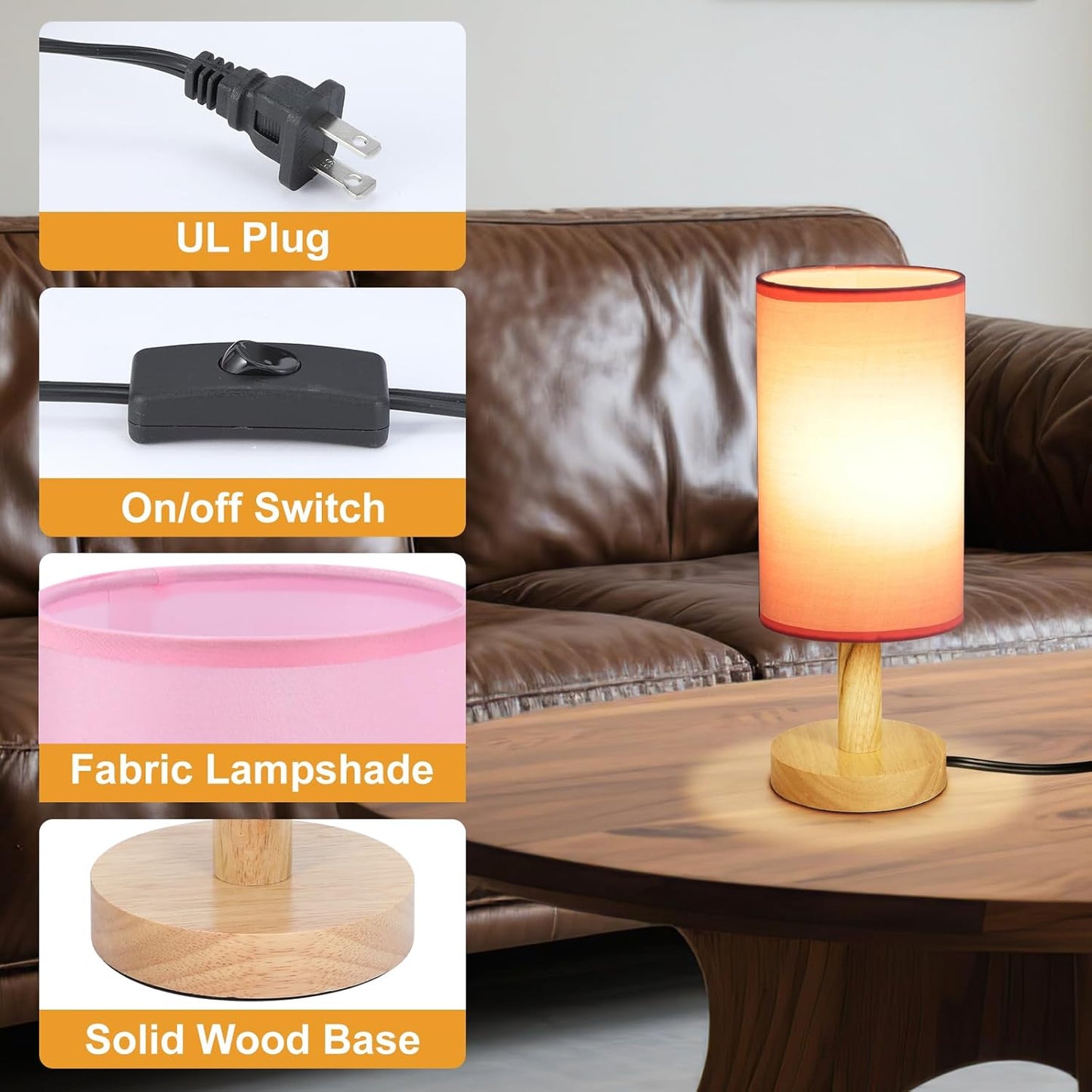 Pink Small Bedside Table Lamp for Bedroom,Natural Round Wood Base&Fabric Linen Shade,Cozy Night Table Light for Study Reading,Minimalist Boho Desk Lamp for Nightstand,Living Room,Nursery,Kitchen,Dorm