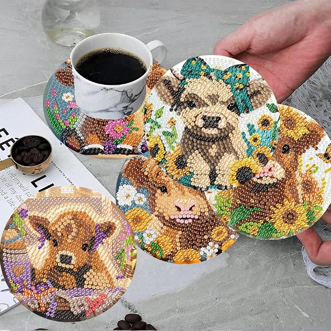 ijbnhd 8 Pack Highland Cow Diamond Art Coasters Kits | Cow Diamond Painting