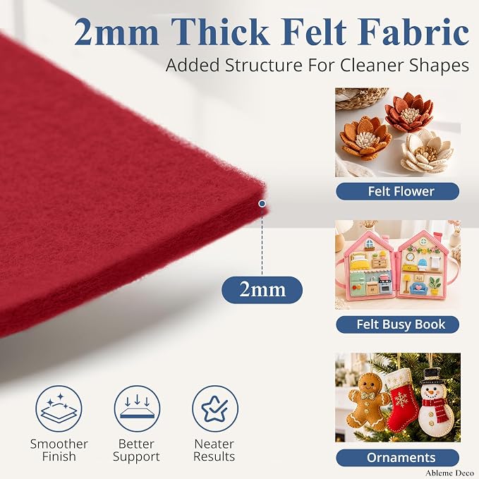 12" x 12" Felt Sheets for Crafts, 2mm Stiff Felt Fabric, Polyester Felt Squares