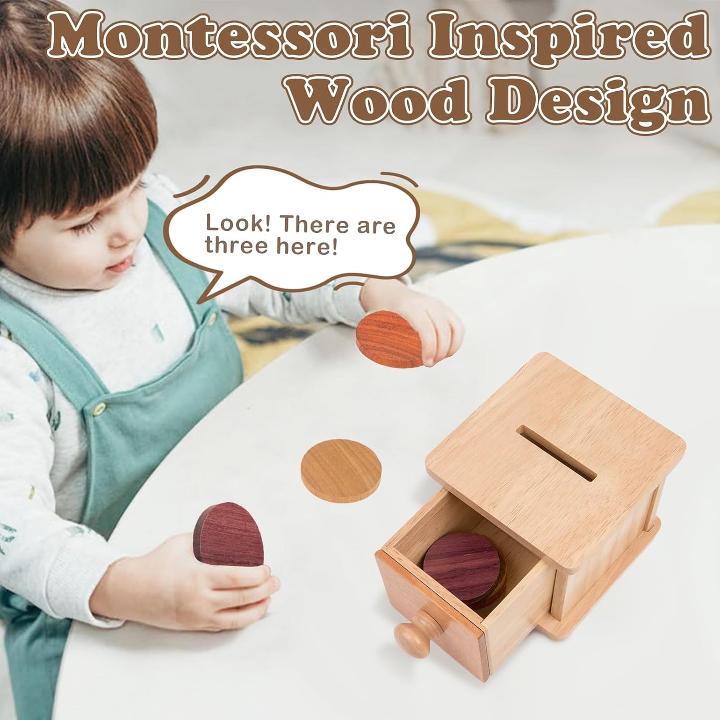 Adena Montessori Infant Toddlers Coin Box Montessori Toys for 6-12 Months Babies 1 Year 2 Year Old (Natrual Wood)