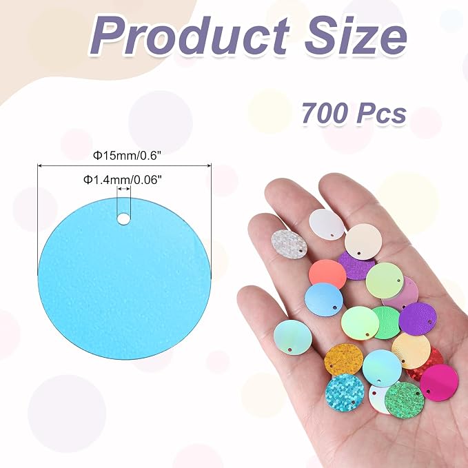 MECCANIXITY 700 Pcs Flat Round Sequins 15mm/0.6 Inch Loose Paillettes Craft