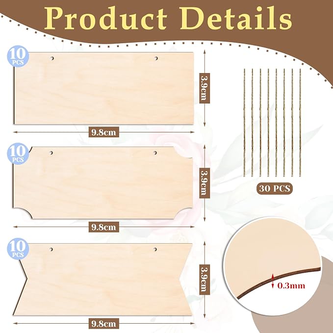 30 PCS Unfinished Wood Crafts Blanks Rectangle Hanging Wood Sign Plaque Wooden