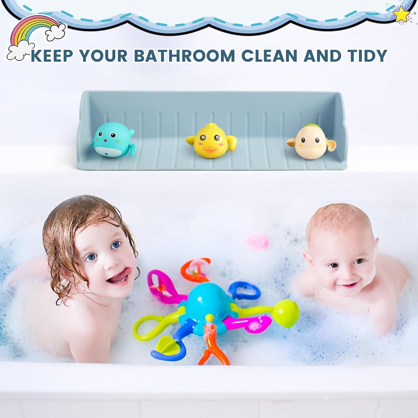 2Pack Bathtub Splash Guard for Tub, Silicone Bathtub Caddy Tray with Play Shelf, Kids Bath Tub Shelf and Organizer for Baby Bath Toys, Bath Toy Holder, Toddler Bathtub Accessories(Classic Blue)