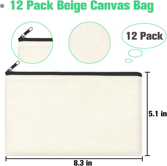ZeeDix Canvas Zipper Pouch Bulk – 8.3 x 5 Inches Cotton Canvas Pouches
