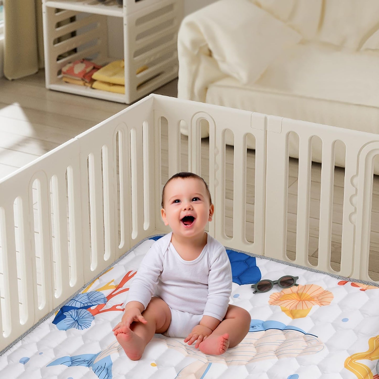 Baby Play Mat 50x50 Inch, Thickened Soft Floor Mat for Playpen, Machine Washable Foam Crawling Mat with Non-Slip Bottom for Babies and Toddlers, Foldable Padded Playmat