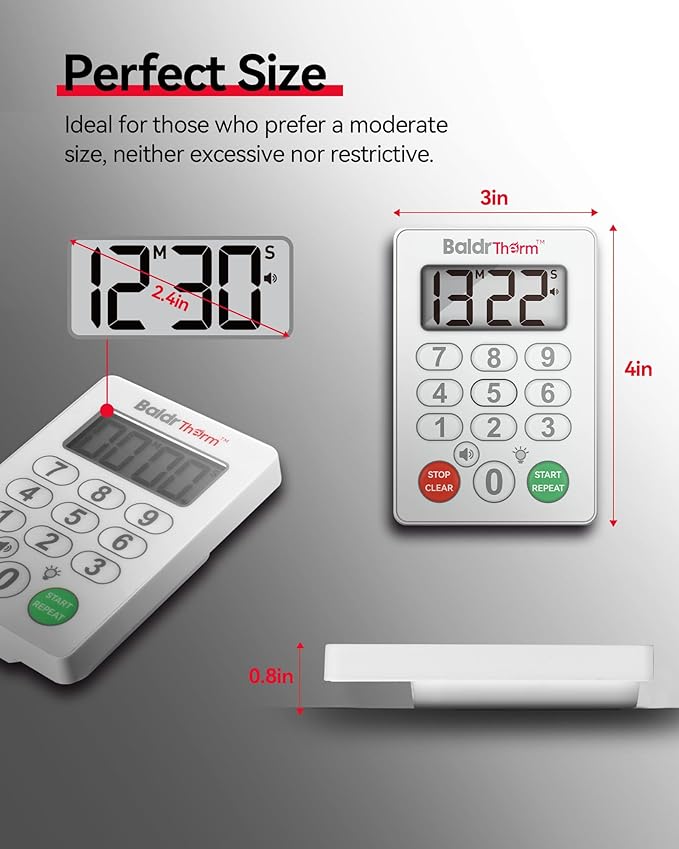 BaldrTherm Digital Kitchen Timer, Magnetic Waterproof Countdown Timer for Cooking, Shower, Workout, Classroom, Hair Color Processing, White.