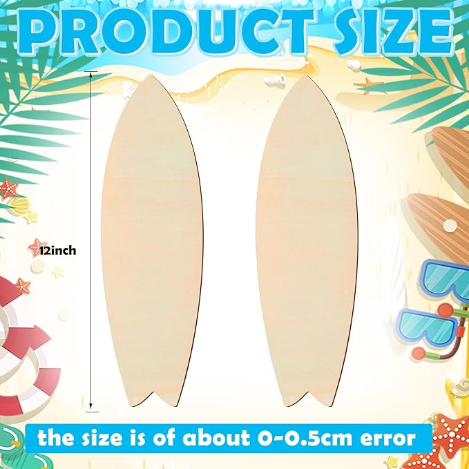 24 Pcs 12 Inch Unfinished Wood Surfboard Cutout