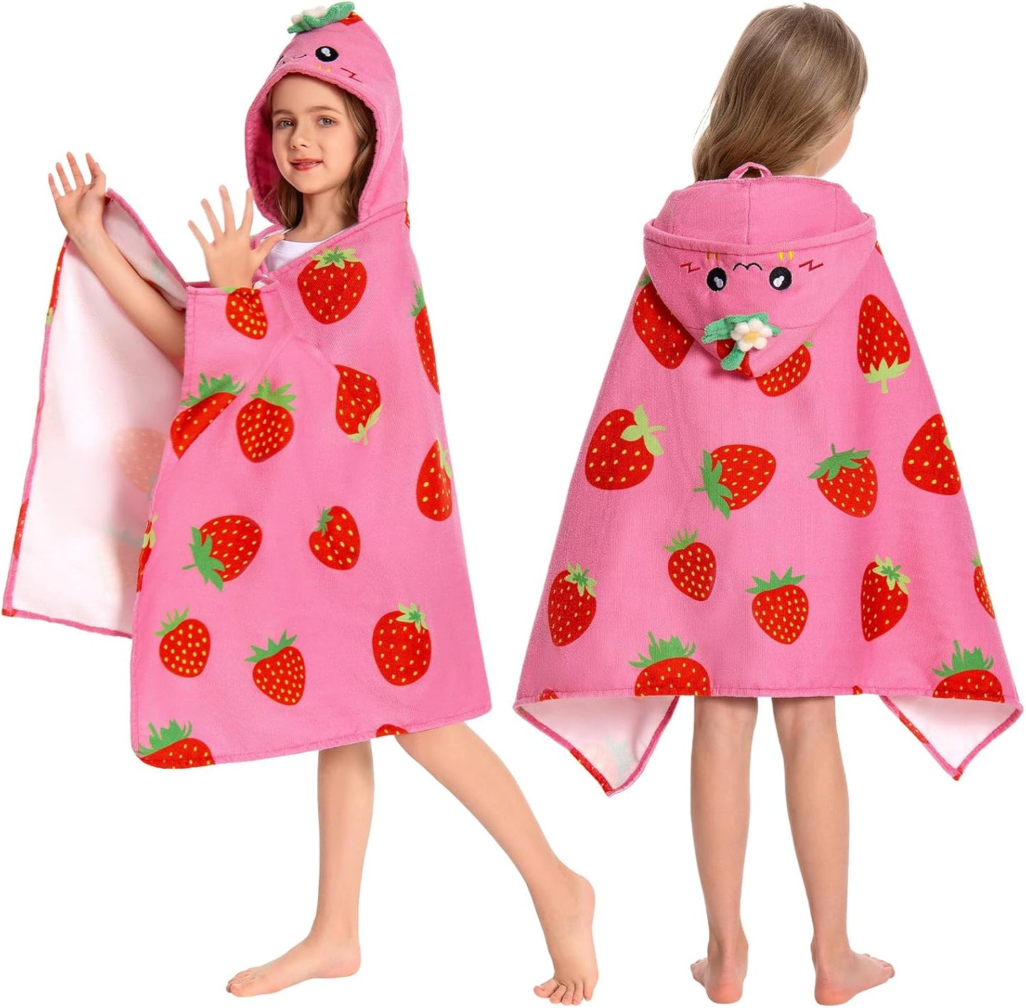 OLAOLA Strawberry Hooded Towel for Kids 3-12 Years, 28" x 53" Soft Thick Absorbent Beach Towels, Toddler Bath Towel Wrap Swim Pool Towels Poncho for Boys Girls
