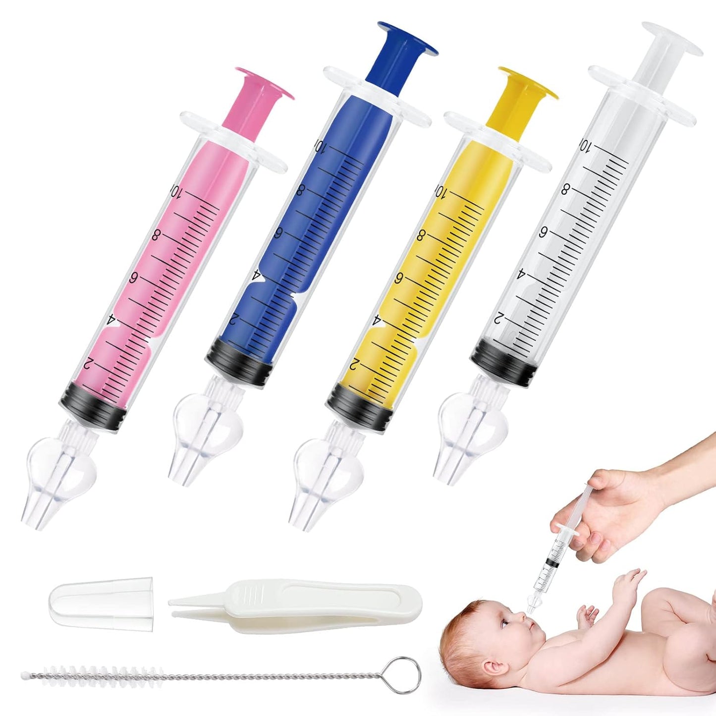 Baby Nasal Irrigator, 4PCS Nasal Syringe for Baby, Syringe Nasal Irrigator with Tweezers & Cleaning Brush, Baby Nasal Aspirator with Silicone Nasal Suction Tips Portable Baby Nasal Syringe