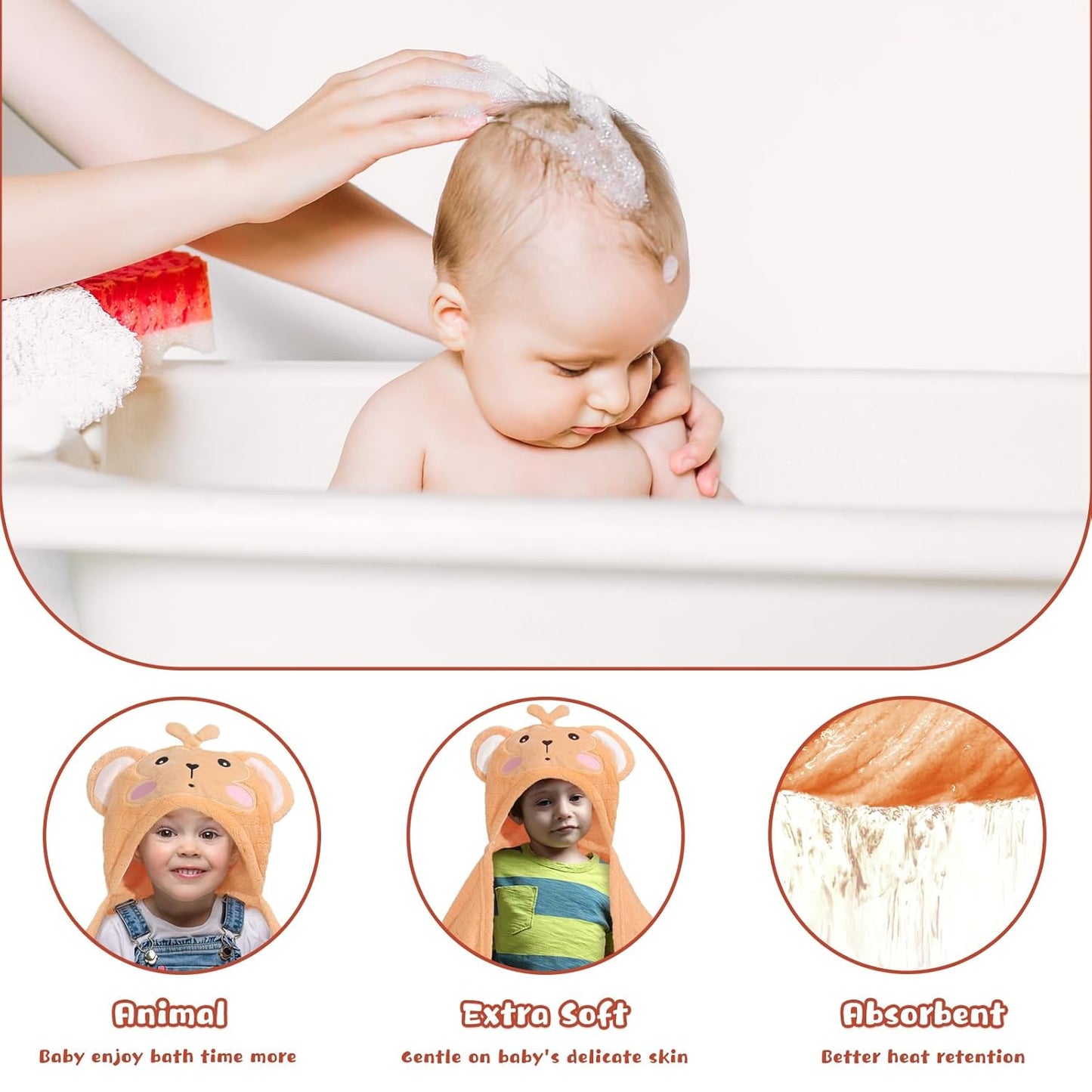 Toddler Towels for Boy, 2 PCS 50"x32" Hooded Baby Towels Boy,Thick Absorbent Bath Towels for Kids, Coral Fleece Animal Kids Towel with Hood, Gray Mouse & Orange Monkey Set