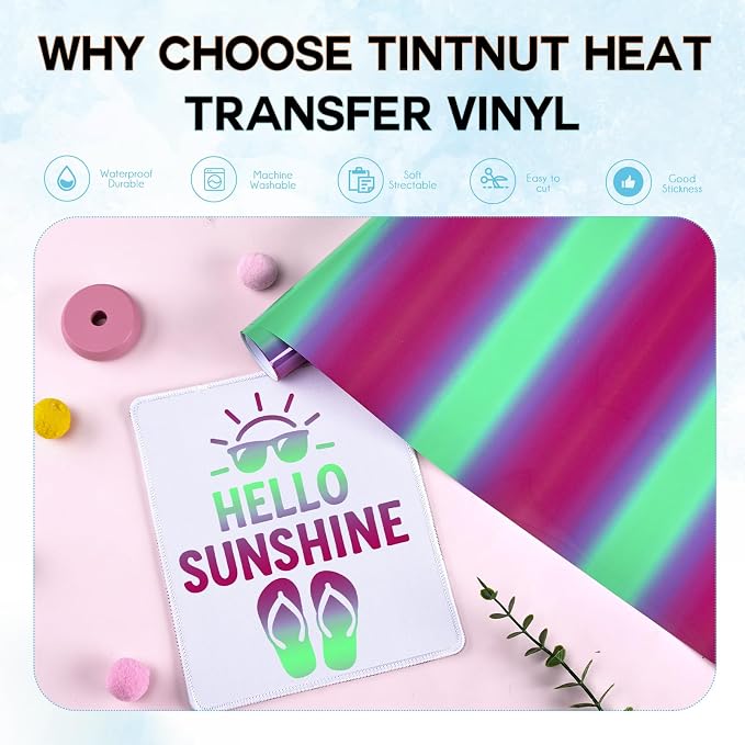 Tintnut Green Pink Gradient Heat Transfer Vinyl Roll, easy cut & weed, stretch