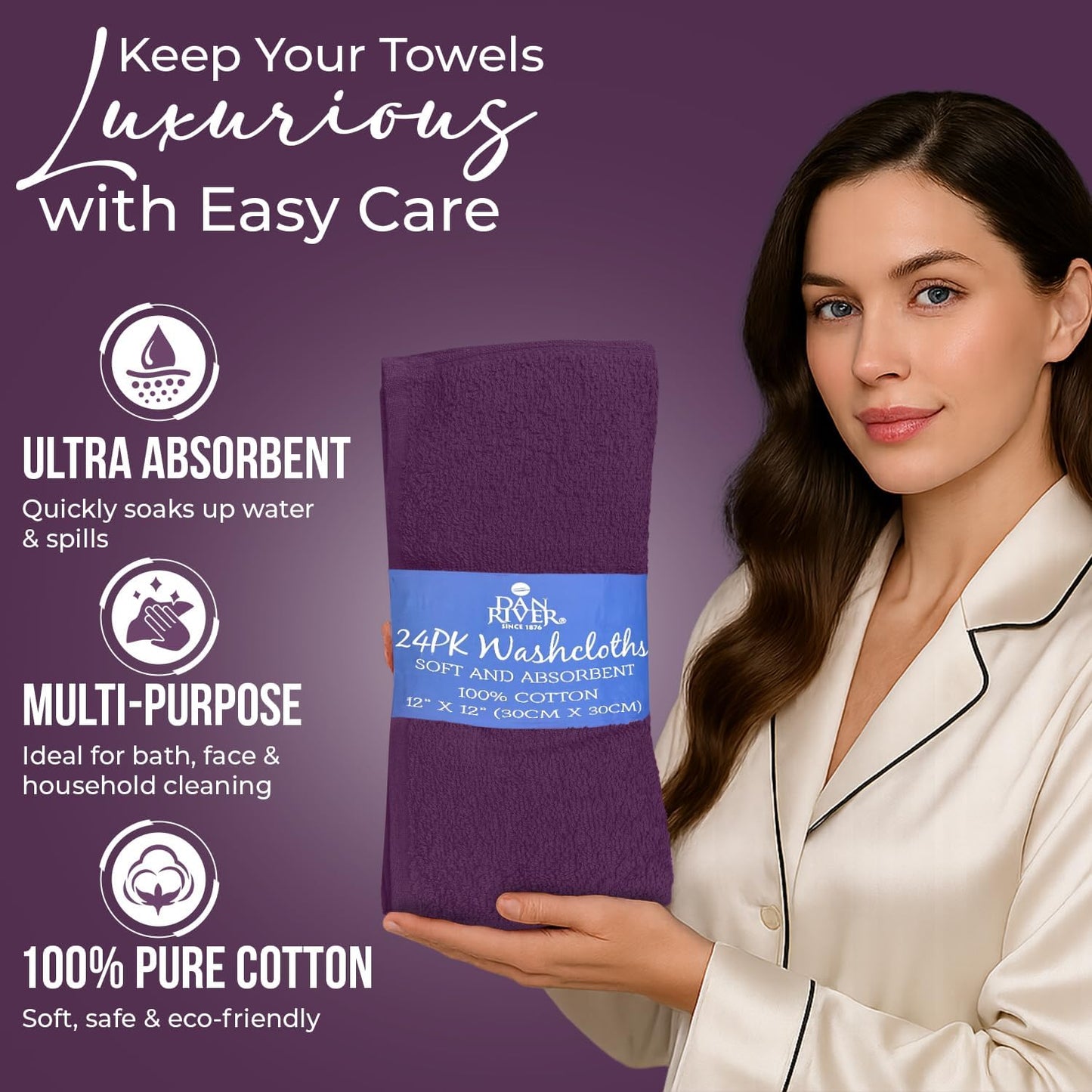DAN RIVER 100% Cotton Wash Cloths 24 Pack [12x12] Soft & Absorbent Body wash Cloths, Gym, Hotels & Spa Perfect for Everyday Use Fingertip Towels, Purple Passion