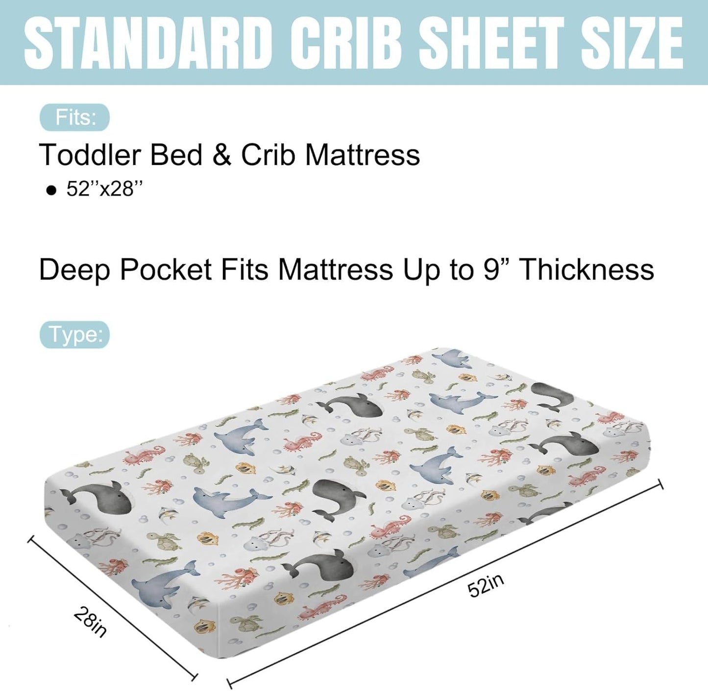 Boho Sea Animals Baby Crib Fitted Sheet 52''x28'' Whale Dolphin Jellyfish Sea Horse Turtle Fish Coral Snug Fitted Crib Mattress Cover for Boy Girl Soft Bed Sheets for Standard Crib Toddler Mattress