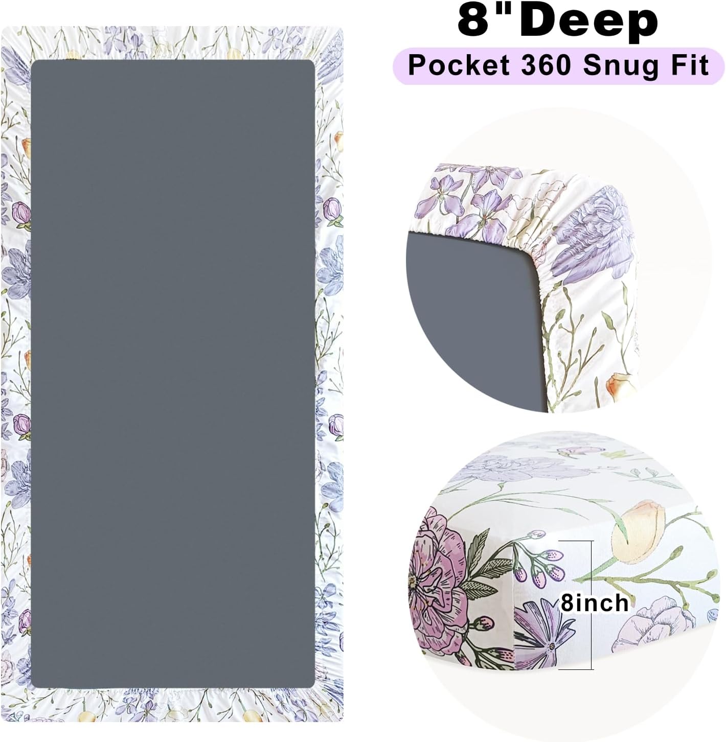 AMROSE 3 Pack Soft Floral Crib Sheets for Baby Girls, 28'' X 52'' Fitted Crib Sheets for Crib and Toddler Mattress Pad, Silk Touch Gentle Breathable Microfiber, Violet