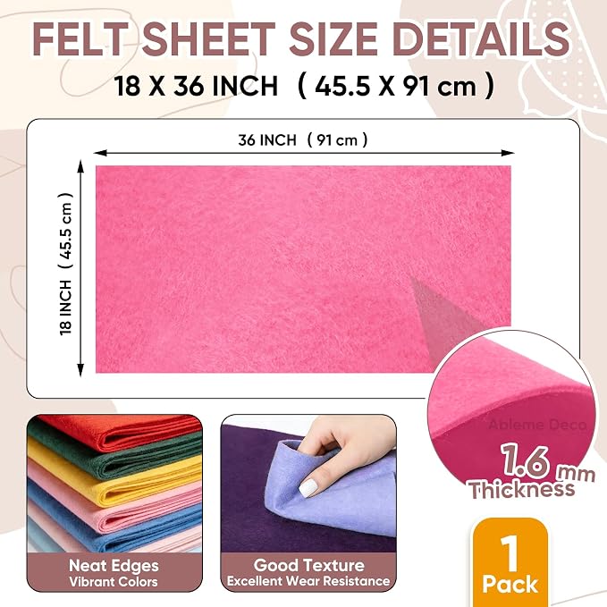 Soft Felt Fabric Sheet 18" x 36", 1.6mm Acrylic Craft Felt, Neon Pink | Soft