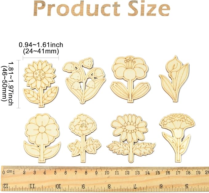 100 pcs Mixed Styles Cute Flower Theme Unfinished Wooden Cutout Charms