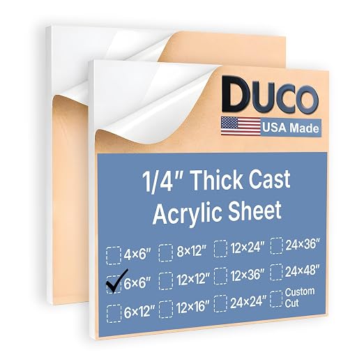 Duco White Cast Acrylic Sheets 1/4" Thick 6" x 6"