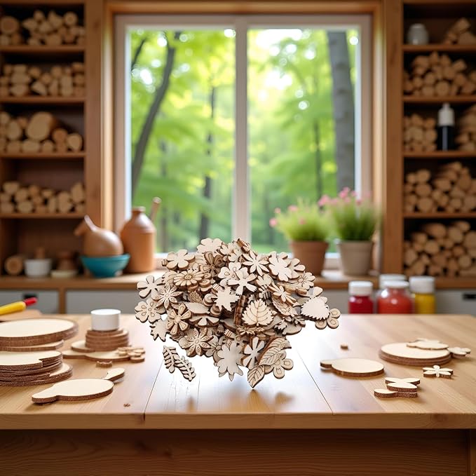 100 Pcs Unfinished Wooden Flower Wood Slice Leaf Pattern Cutouts Wood Pieces