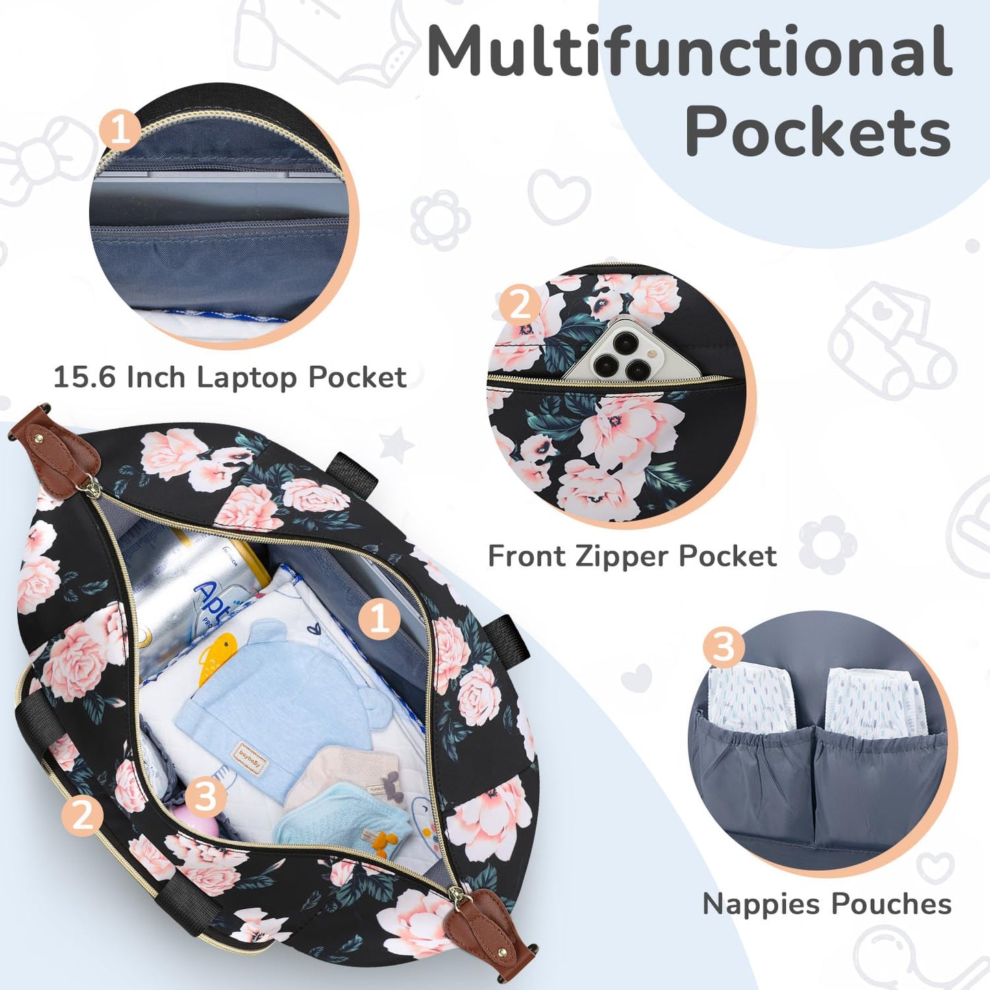 Diaper Bag Tote, Baby Bag Travel Diaper Tote Bag with Pacifier Case, Cute Maternity Hospital Baby Stylish Diaper Tote for Mom Dad Black Pink Floral